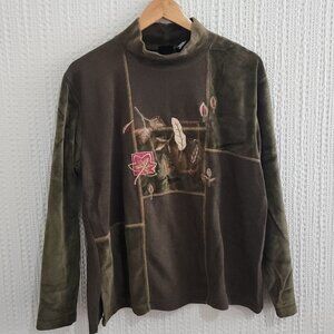 Vintage Y2K Boho Patchwork Mock Neck Long Sleeve Top Embroidered Sweater Large